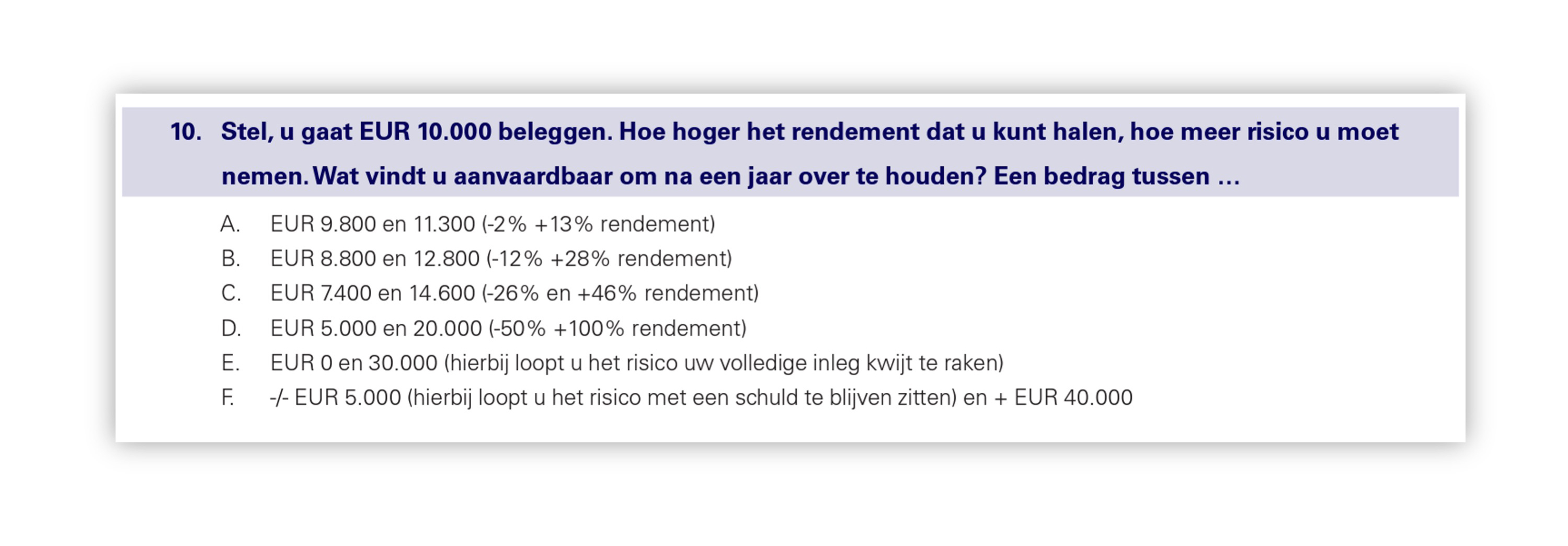 Risicoprofiel voorbeeldvraag.