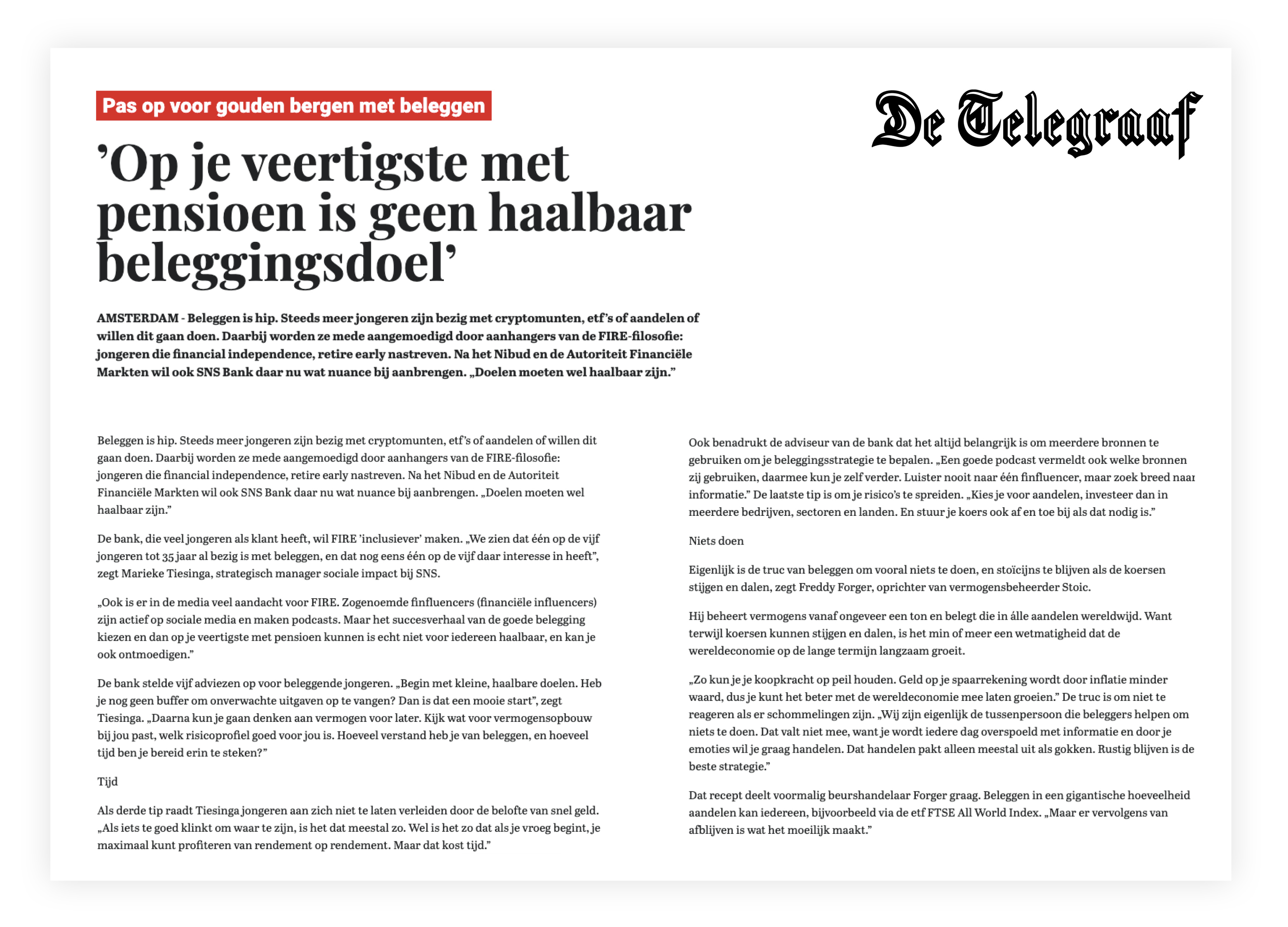 Artikel van Telegraaf op 21 juli 2021